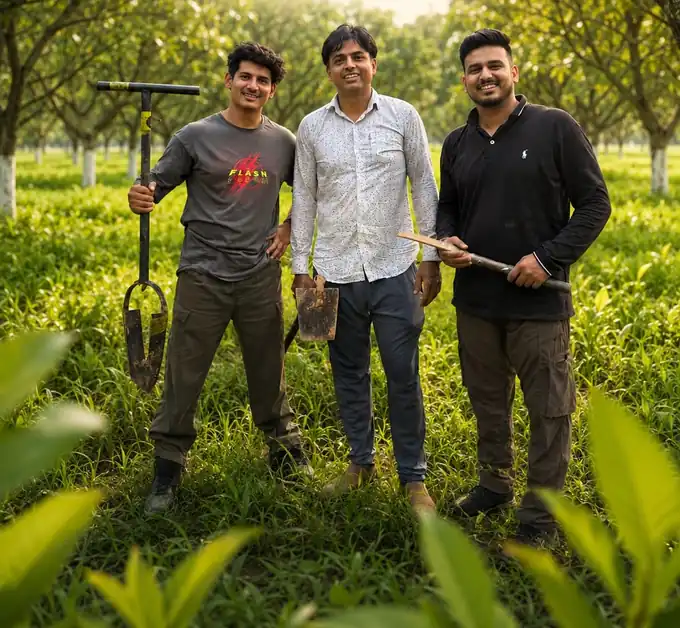 Three brothers standing with their tools among the crops at DK Nature Farms