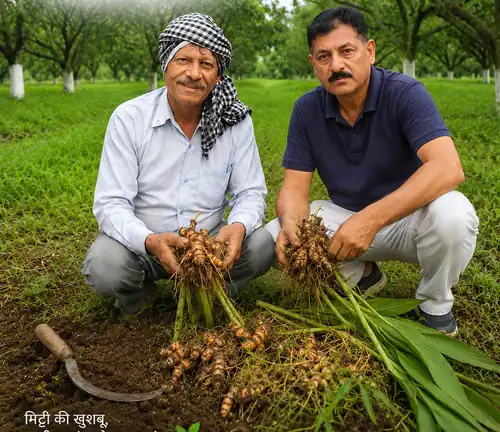 Two generations of the DK Nature Farms family holding freshly harvested turmeric