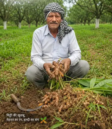 Our father holding freshly dug turmeric in the field